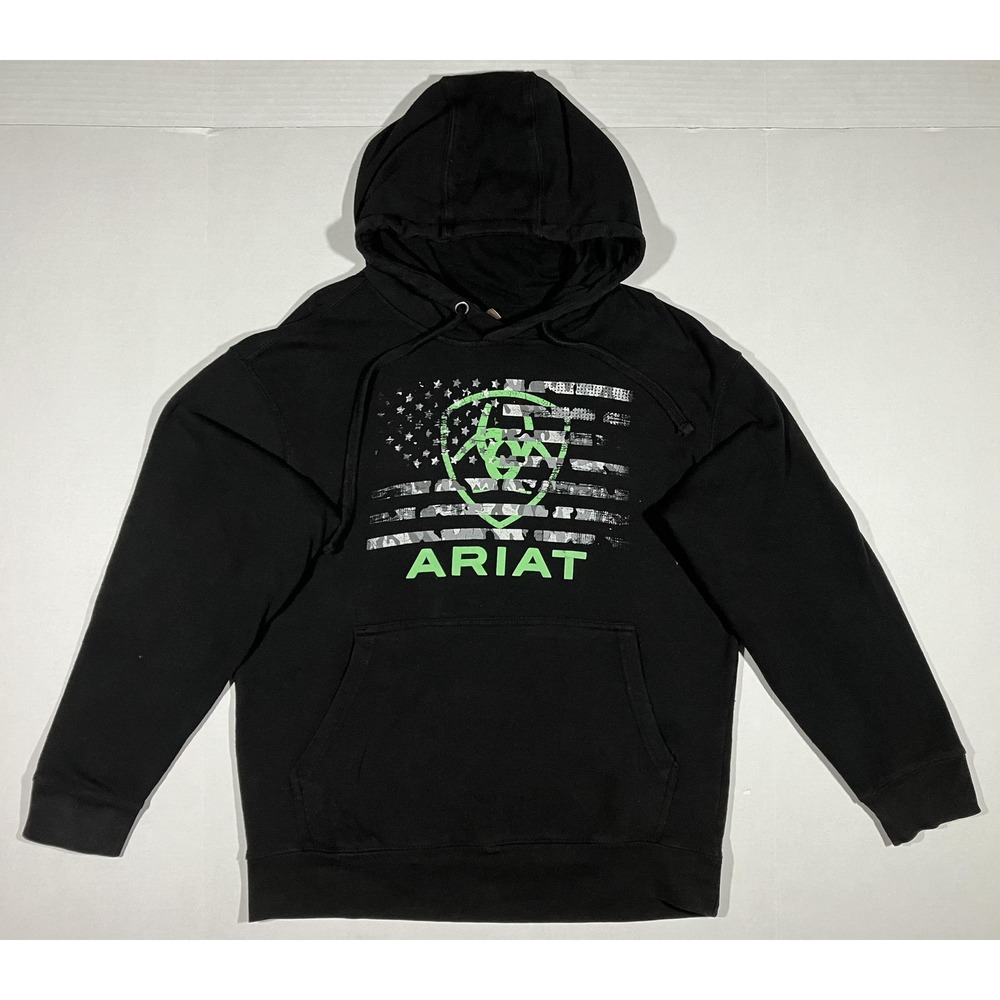 Ariat Hoodie Mens Medium Black Pullover American Flag Green Logo Sweatshirt